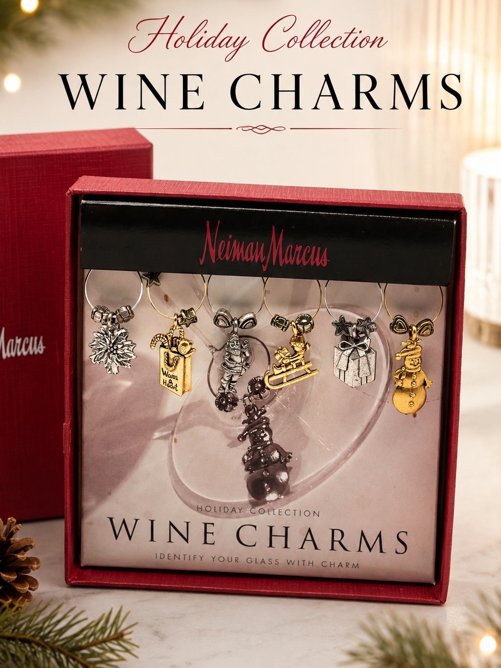 Neiman Marcus Holiday Collection Wine Glass Charms Set of 6 NWT